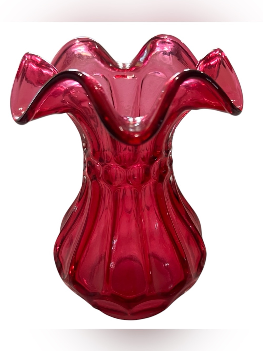 Vintage Fenton Country Cranberry Dot and Flute Ruffled Edge Vase